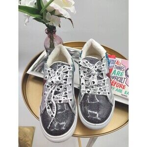 Steve Madden KIDS Sneakers Cozy Laces Metallic Black Glitter blue Big girl Sz 4